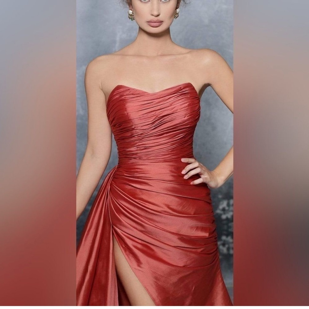 Tarik Ediz Strapless Satin Gown in Deep Orange